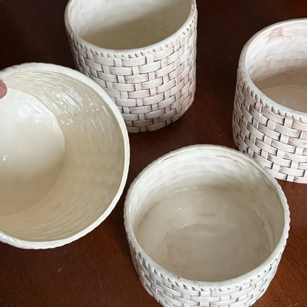 Vintage Set of 4 Faux Basket Weave Ceramic Planters Cachepots Farmhouse Rustic - Picture 9 of 11